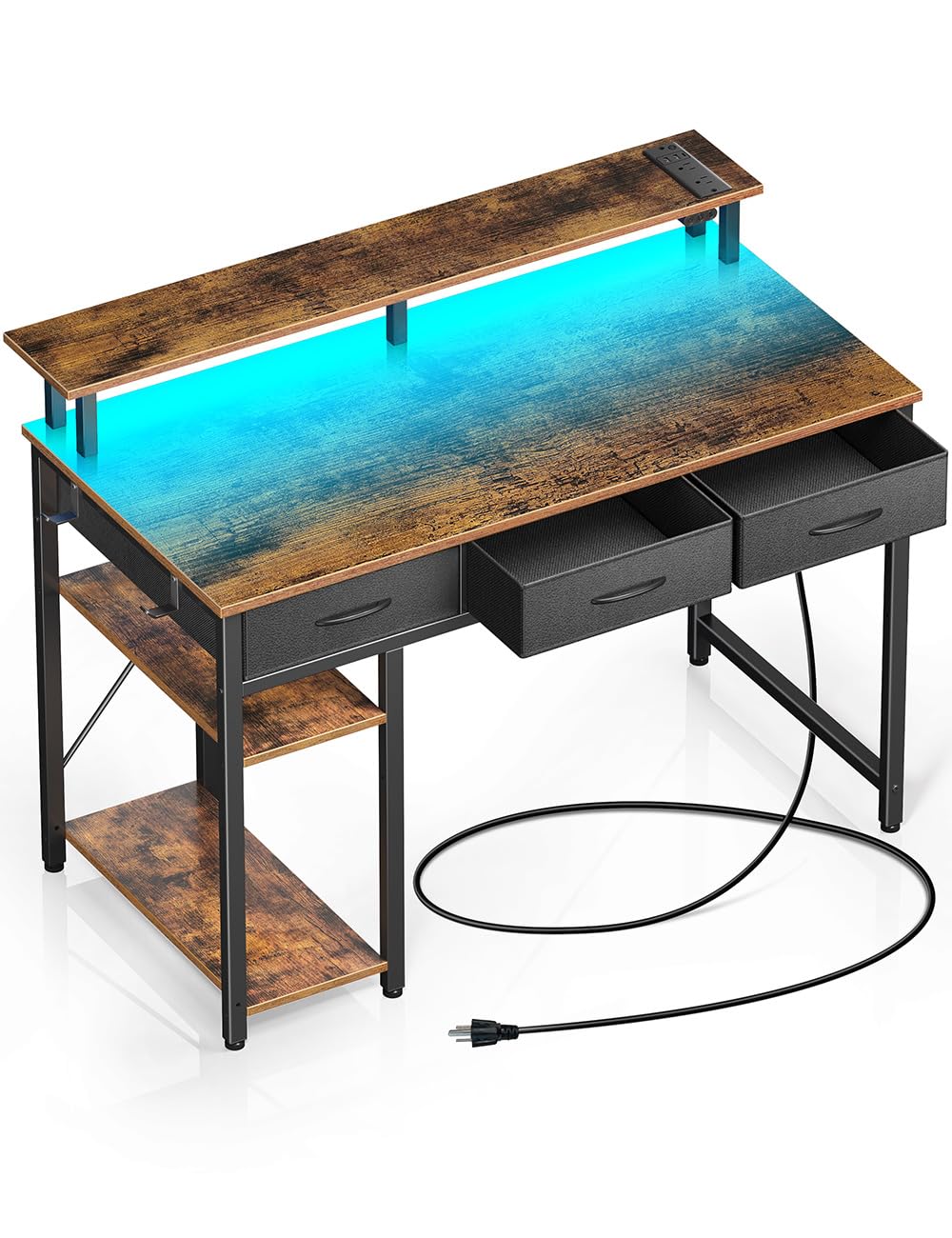 Rolanstar Computer Desk with Power Outlets & LED Light, 39 inch Home Office Desk with 3 Drawers and Storage Shelves, Writing Desk with Monitor Stand, Work Desk for Home Office,Rustic Brown Rolanstar