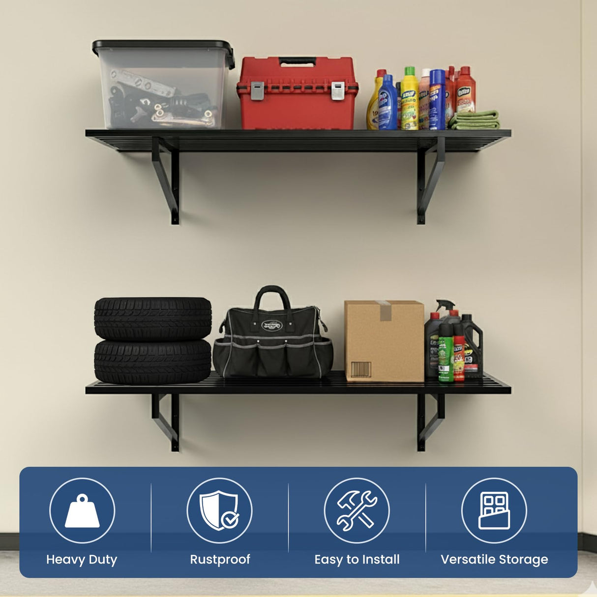 TimberAura 1-Pack Garage Wall Shelves, 2' x 4' Heavy Duty Wall Mounted Storage Rack with 3 Hooks, 250 lbs Capacity, Steel Garage Organization Shelving for Tools, Bins, and Power Equipment TimberAura