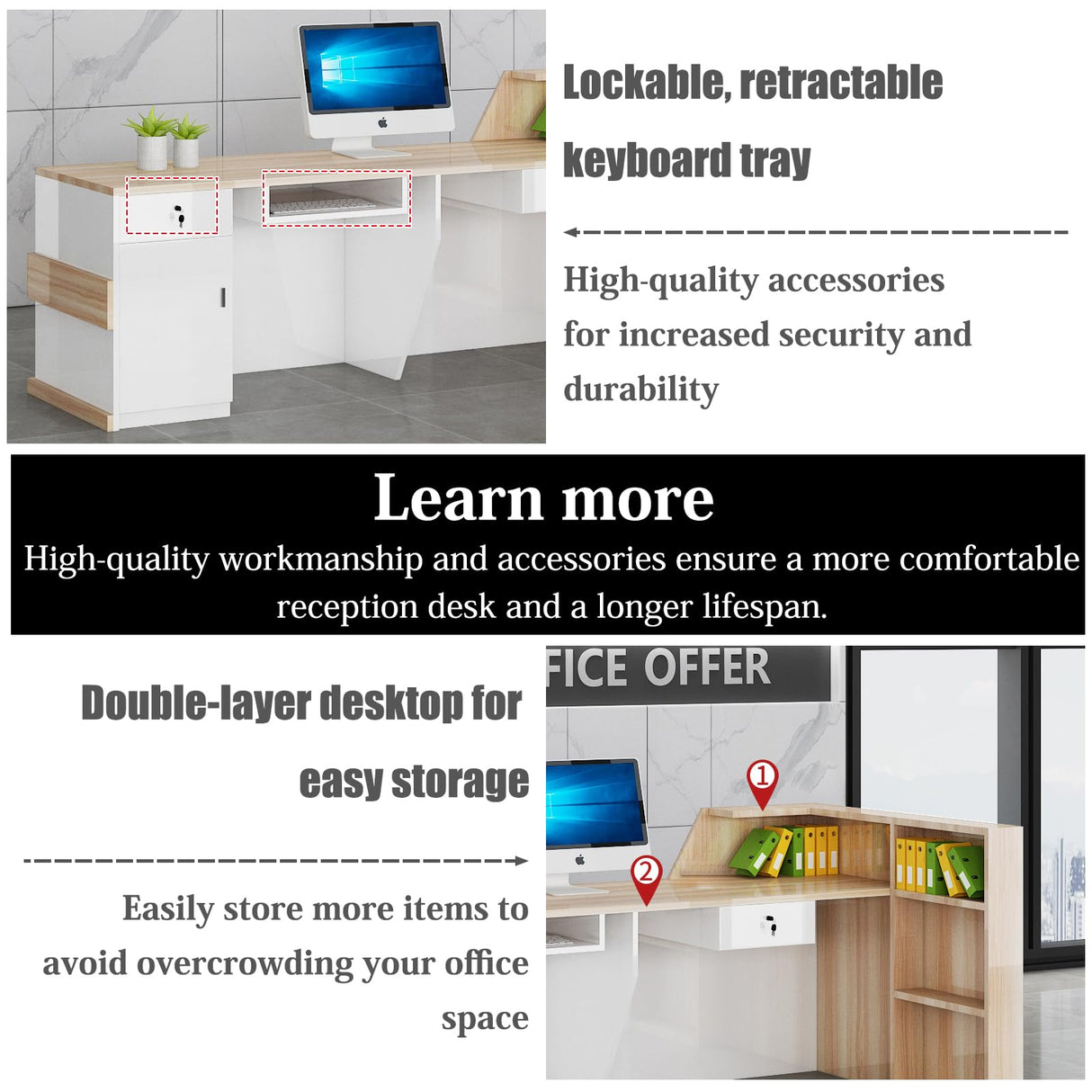 Reception Desk with Counter Modern, 39.4-118.1'', Solid Wood Ecological Board, Large Storage Space,Lockable Storage Drawers, Front Office Desk for Salon, Office, Lobby EQWZUPD