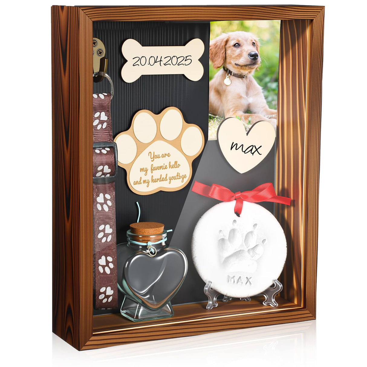 Chunful Pet Memorial Gift Dog Shadow Box Picture Frame with Clay Pet Paw Heart Glass Bottle Wooden Decorations Kit Keepsake Gift for Loss of Dog Death Sympathy Remembrance Display Case(Brown) Chunful