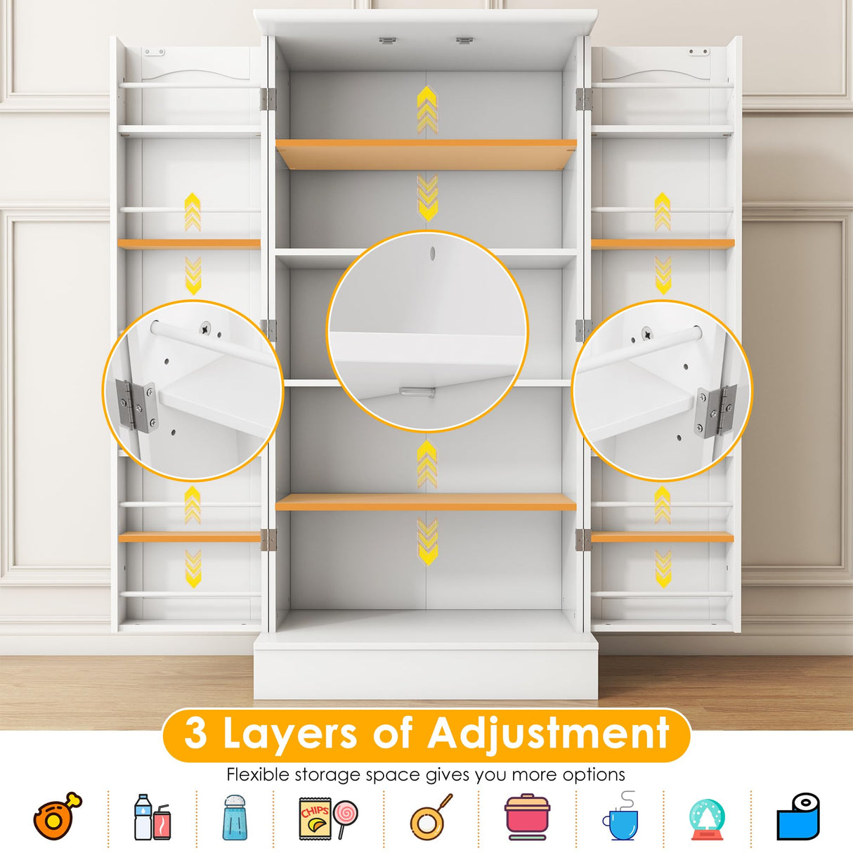 kepptory 47” Pantry Cabinet, Kitchen Pantry Storage Cabinet with Doors and Adjustable Shelves, Brown Freestanding Buffet Cupboards Sideboard for Living Room and Dinning Room (White) kepptory