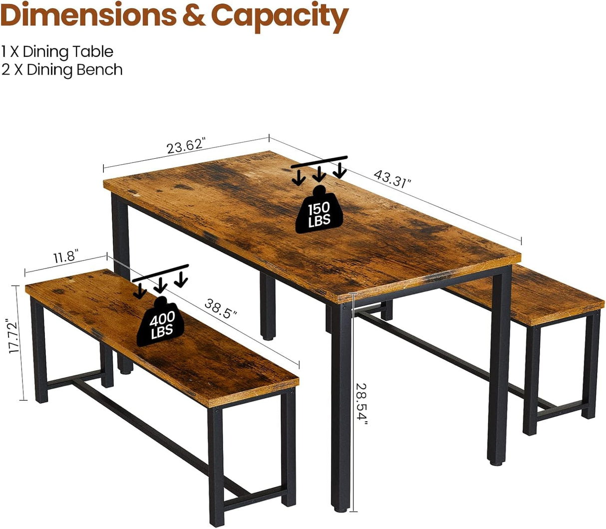 Recaceik Dining Table Set for 4, Kitchen Table Set with 2 Benches, 3 Piece Dining Room Table Set, Modern Wood Kitchen Table and Chairs for Small Spaces, Kitchen,Dining Room, Restaurant, Rustic Brown Recaceik