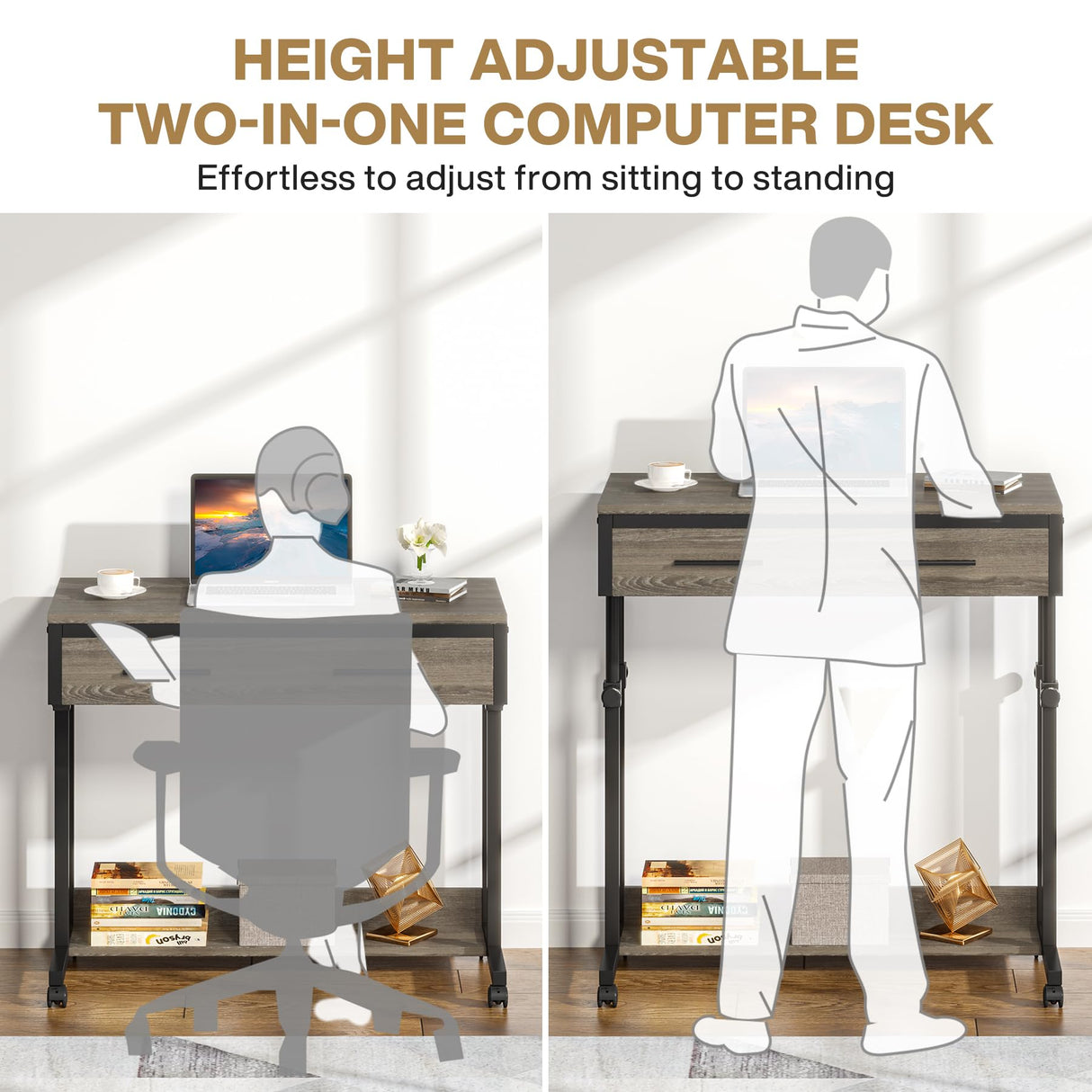 Tribesigns Portable Desk with Drawers, Mobile Laptop Desk with Wheels, Couch Desk Sofa Side Table Bed Desk, Small Standing Desk for Home Office (Retro Grey) Tribesigns