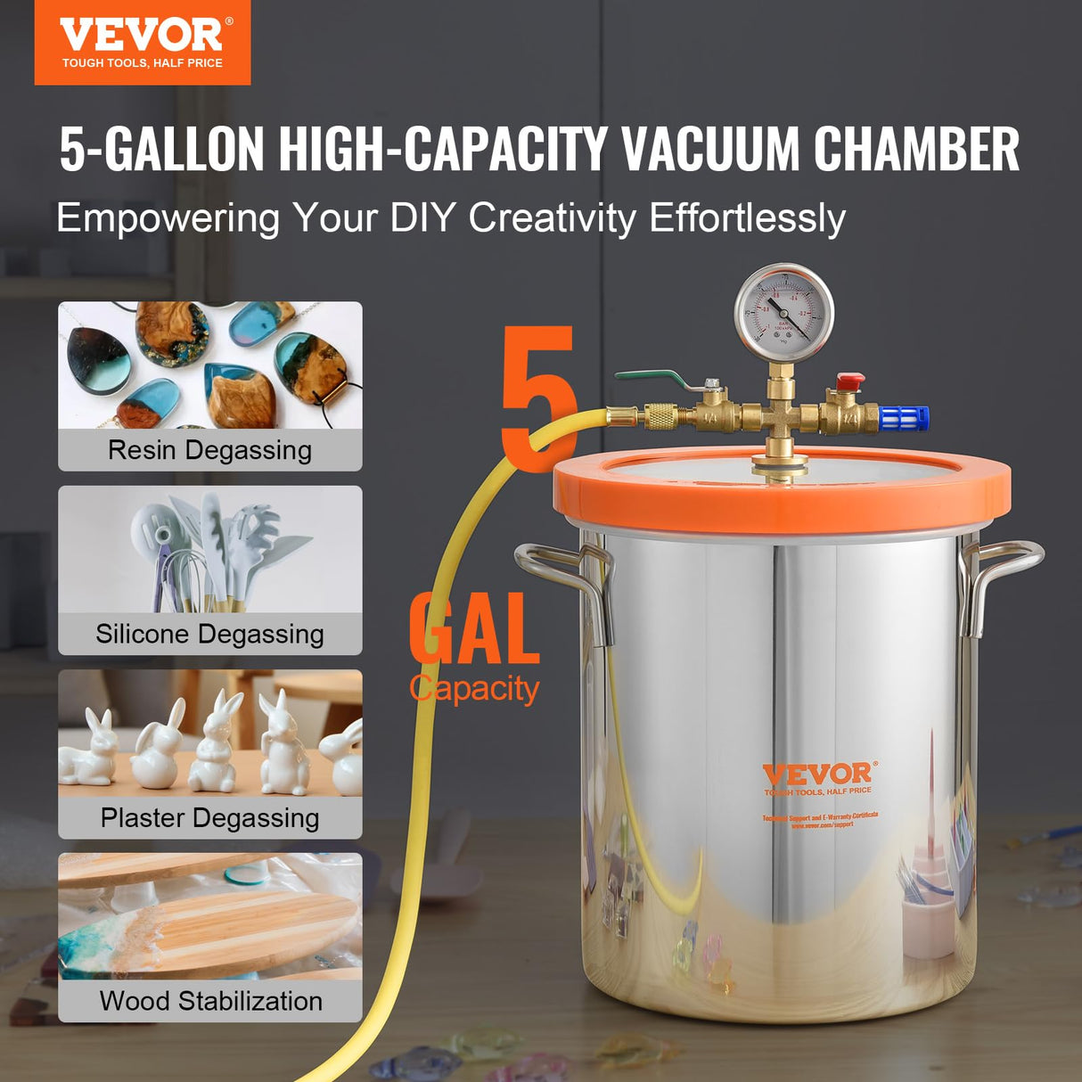 VEVOR 5 Gallon Vacuum Chamber, Upgraded Tempered Glass Lid Vacuum Degassing Chamber, 304 Stainless Steel Chamber, for Stabilizing Wood, Resin Degassing, Silicone Degassing and Plaster Degassing VEVOR