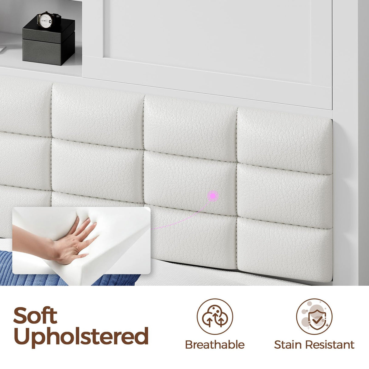 Rolanstar Bed Frame Full Size with Charging Station, Bookcase Headboard Bed with LED Light and Sliding Doors, Platform Bed with Wooden Slats, No Box Spring Needed, Noise Free, White Rolanstar