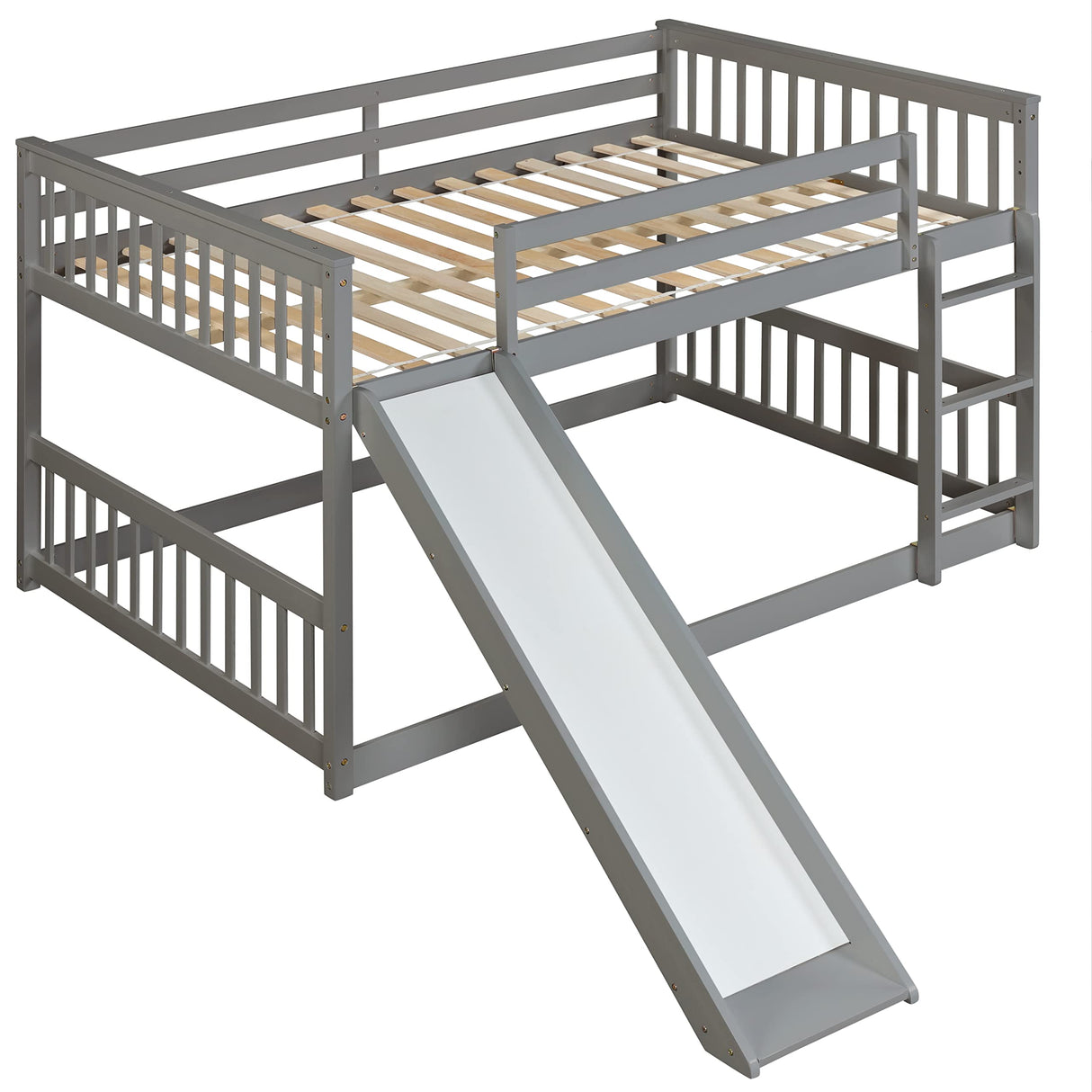 PVWIIK Full Over Full Bunk Bed with Slide & Ladder for Kids Bedroom,Wood Bed Frame with Safety Rails & Headboard and Footboard,No Box Spring Needed,Grey PVWIIK