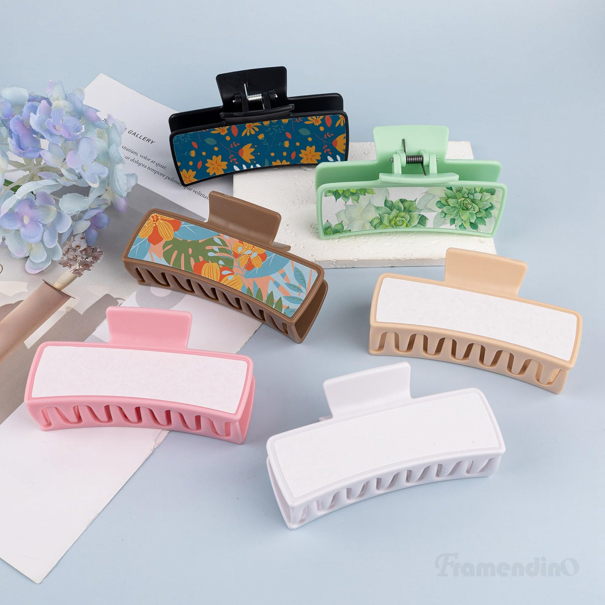 Framendino, 6 Pack Sublimation Hair Claw Clip Blanks Non Slip Hair Clips for DIY Hair Clips Rectangle 6 Colors Framendino