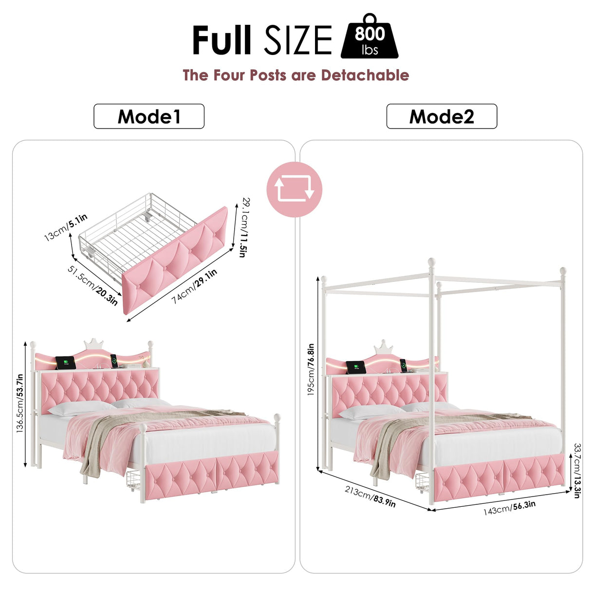 Keyluv Full LED Canopy Bed Frame with Storage Drawers and Charging Station, Four Poster Bed Frame with Upholstered Button Tufted Crown Headboard, 2 in 1 Royal Princess Pink Bed with Removable Posts Keyluv
