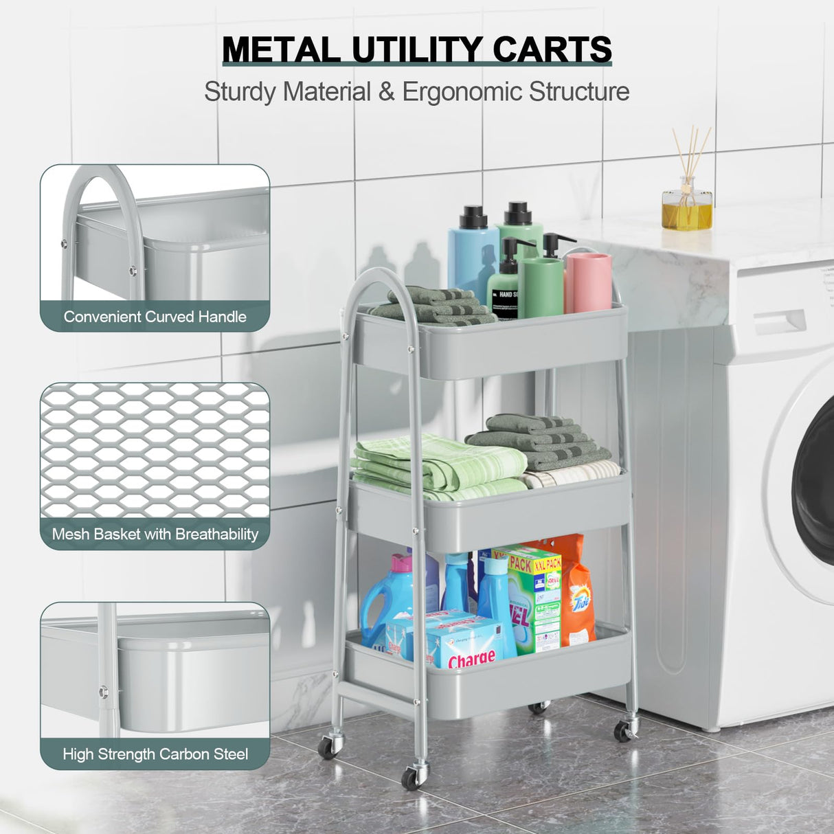 EAGMAK 3 Tier Utility Rolling Cart, Metal Storage Cart with Handle and Lockable Wheels, Multifunctional Storage Organizer Trolley with Mesh Baskets for Kitchen, Living Room, Office, Garage (Grey) EAGMAK