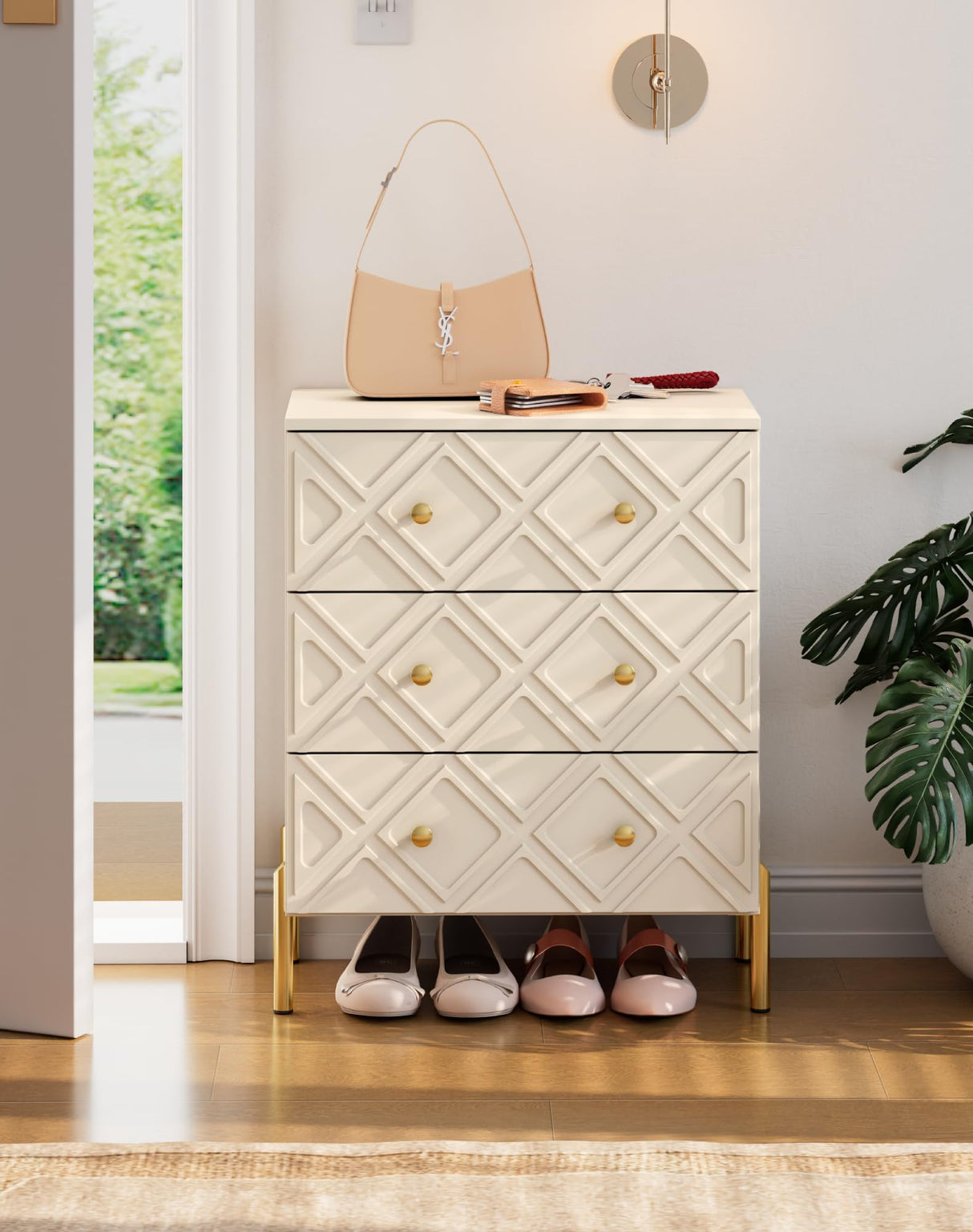 TRINEAR 3 Drawer Dresser, Wood Drawers for Bedroom with Metal Legs, Modern Dressers with Wide Storage, 30 inch Large Nightstand with Diamond Design for Living Room, Hallway, Entryway, Cream TRINEAR