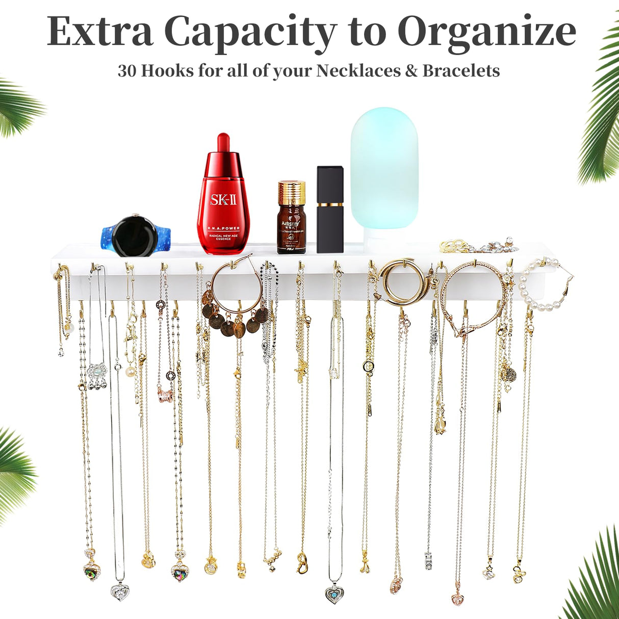 YYILIS Necklace Holder, Upgraded Extra Large Wall Necklace Organizer with 30 Hooks Wall Mounted Necklace Hanger with Jewelry Tray/Cosmetics Shelf Rustic Pine Wood Holder (White) YYILIS