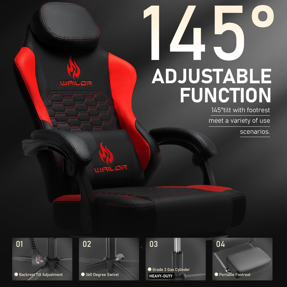 Gaming Chair with Massage and Packet Spring Cushion,Ergonomic Gamer Chairs for Adults with Footrest 300lbs,High Back Gamer Leather Chair with Headrest and Lumbar Support WAILOR