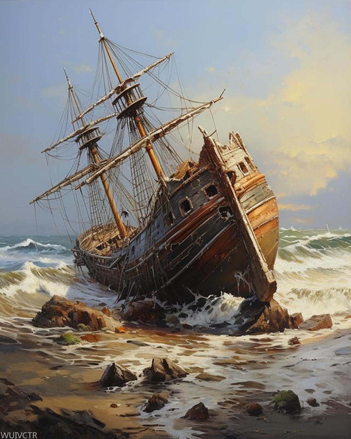 Painting by Number Kits on Canvas, Old Shipwreck in an Ocean Beach, Without Frame DIY Oil Painting Acrylic Paints, Home Wall Decor Gift, 40x50cm WUIVCTR