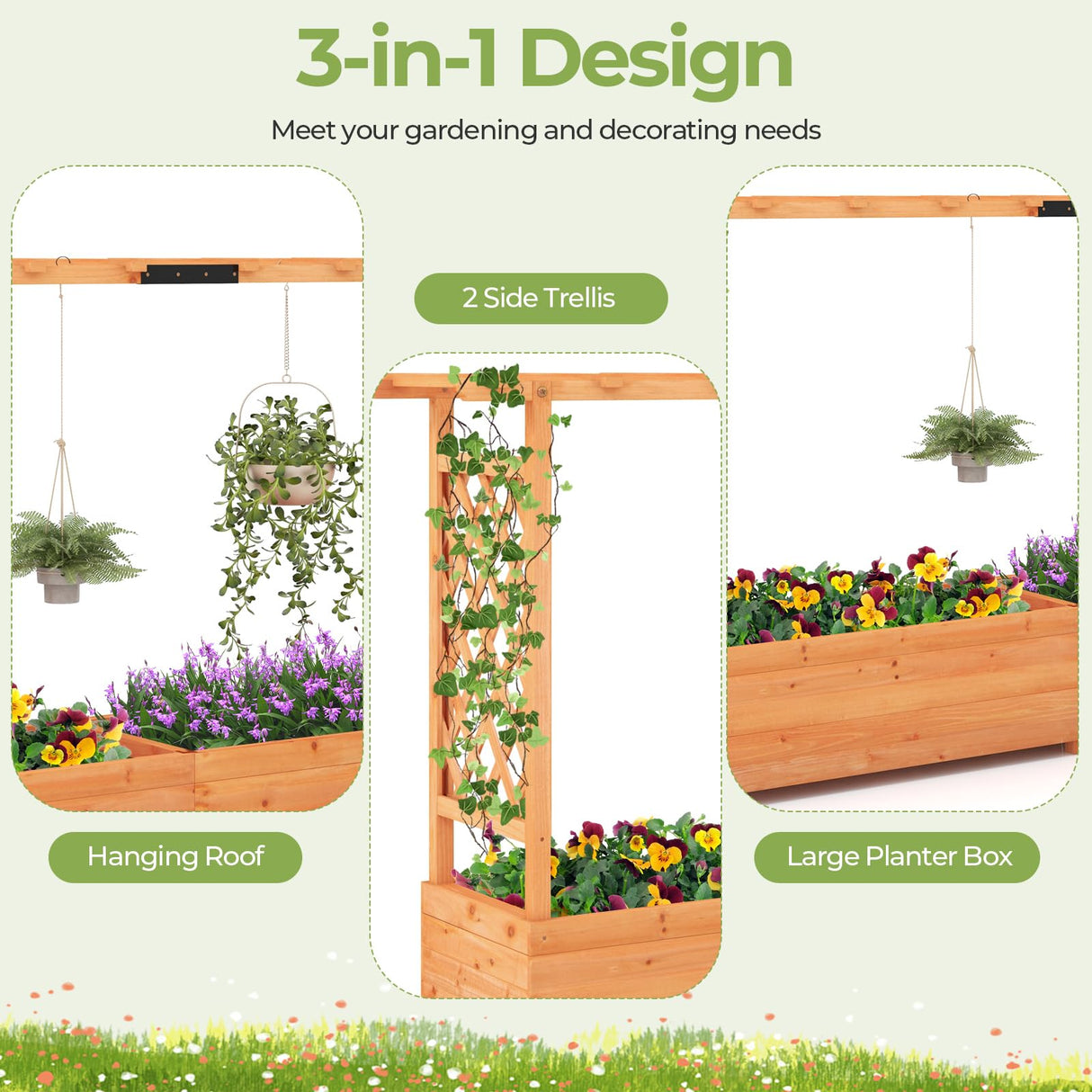 HAPPYGRILL Raised Garden Bed with Trellis, Wood Elevated Garden Bed with Hanging Roof, Planter Box, Drainage Holes for Climbing Plants, Flowers, Vegetables, Outdoor Planting Bed for Garden Patio Yard HAPPYGRILL
