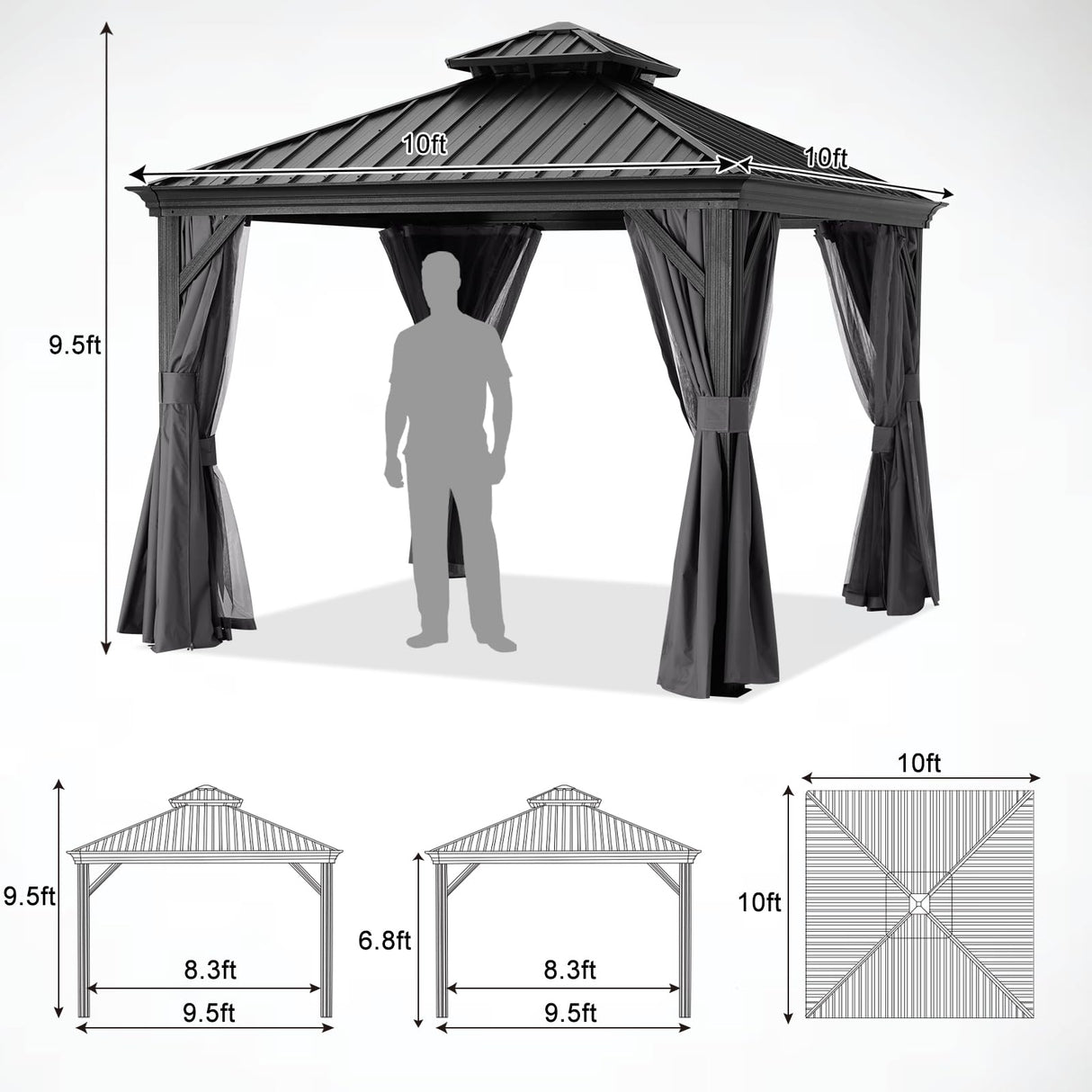 ABCCANOPY Hardtop Gazebo 10x10 - Outdoor Metal Hard Top Gazebo, Permanent Galvanized Steel Aluminum Framed Pavilion with Netting and Curtain for Patio Backyard Lawn Garden (Double Roof, Gray) ABCCANOPY