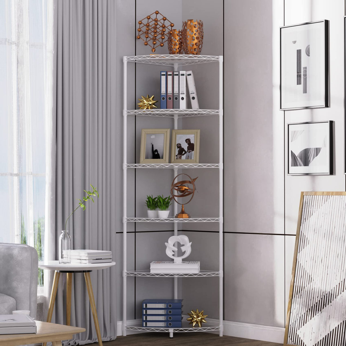 6-Tier NSF Metal Corner Shelf Wire Shelving Unit - 420lbs Capacity, Adjustable, with leveling feet & Shelf Liners - Ideal for Garage, Kitchen, and More - 18" L x 18" D x 72" H - Fan-Shape - White pouseayar