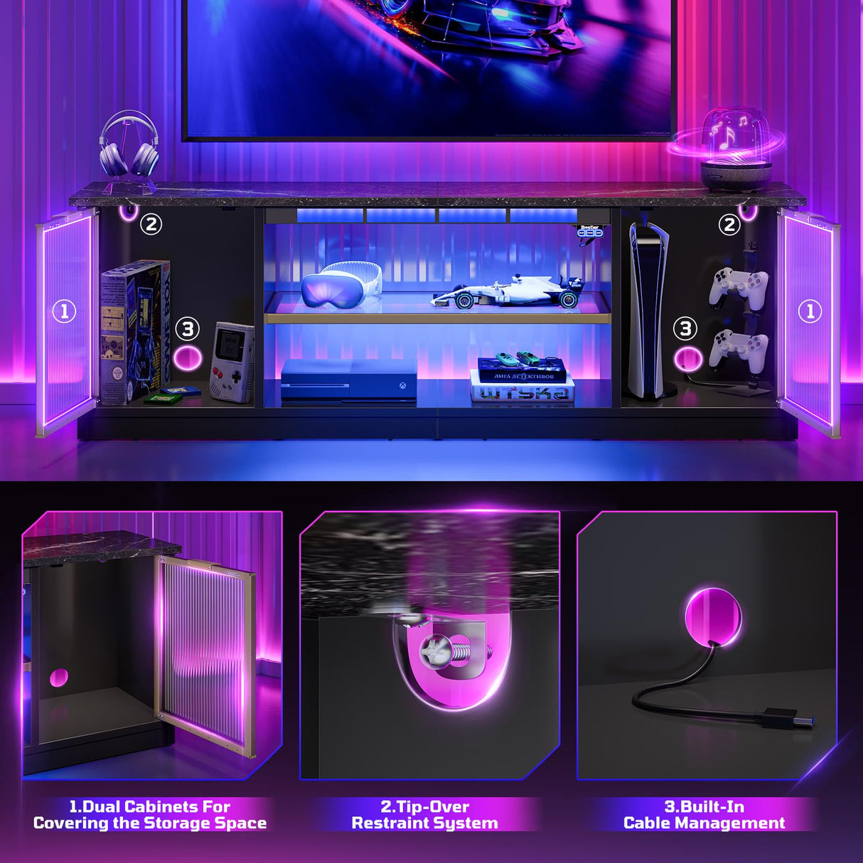 Bestier Gaming TV Stand with Music Sync Light, Flow Vibe Entertainment Center with Storage for PS5 Xbox, RGB LED Party Modes Television Stands for 50/55/60/65 inch TV (Black Marble, 57 inch) Bestier