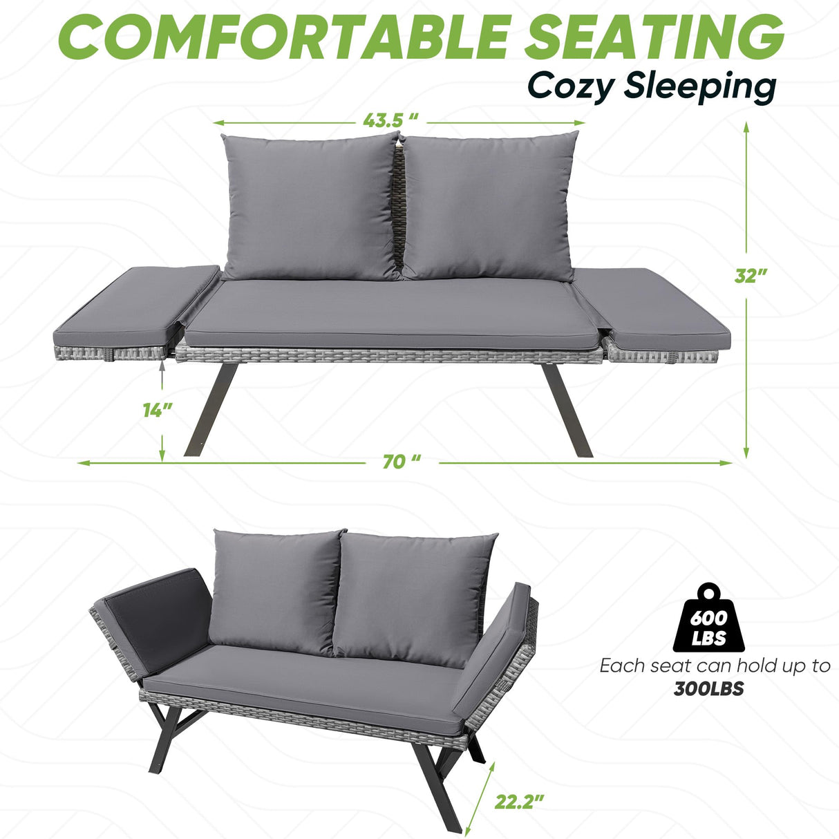 Greesum Outdoor Sofa, Woven Rattan Patio Furniture, Convertible Daybed or Double Chair with Adjustable Armrests, Cushions and Pillows for Yard, Porch, Pool, Gray Lounger & Blue Pillowcase Greesum