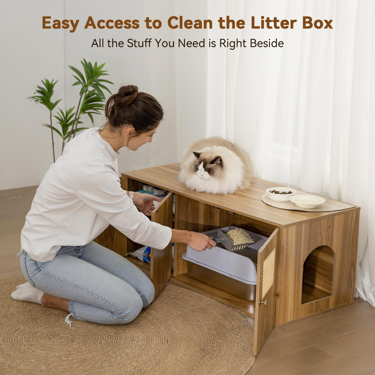 Wooden Cat Litter Box Enclosure with Storage Compartment with Adjustable Divider, Hidden Litter Box Furniture and Hall Table, Cat Box Enclosure, 42.5''L*18.5W*16.9H (Oak, Rattan) Furriends