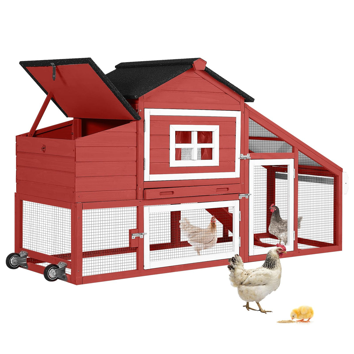 GUTINNEEN Chicken Coop Mobile Hen House Wooden with Run Poultry Cage with Nesting Box,Red GUTINNEEN