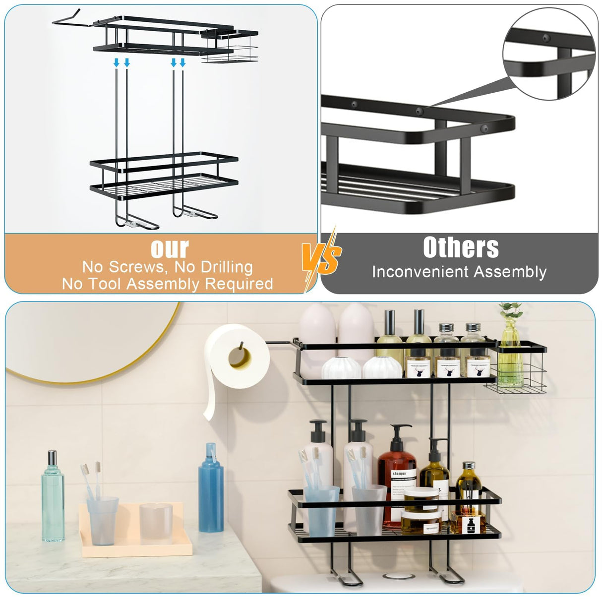 IIQ Over The Toilet Storage,2-Tier Bathroom Organizer Over Toilet with Removable Basket Paper Holder, Above Toilet Storage with Non-Trace Adhesive, No Drilling Toilet Organizer IIQ