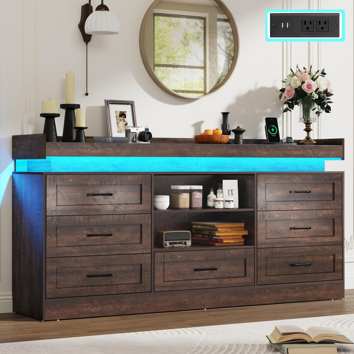 70" Large Farmhouse 7 Drawers Dresser for Bedroom with LED Light and Power Outlets + 2 Open Storage Shelves,Wide 7 Chests of Drawers for Closet,Storage Dressers Organizer for Bedroom(Antique Brown) Hlivelood