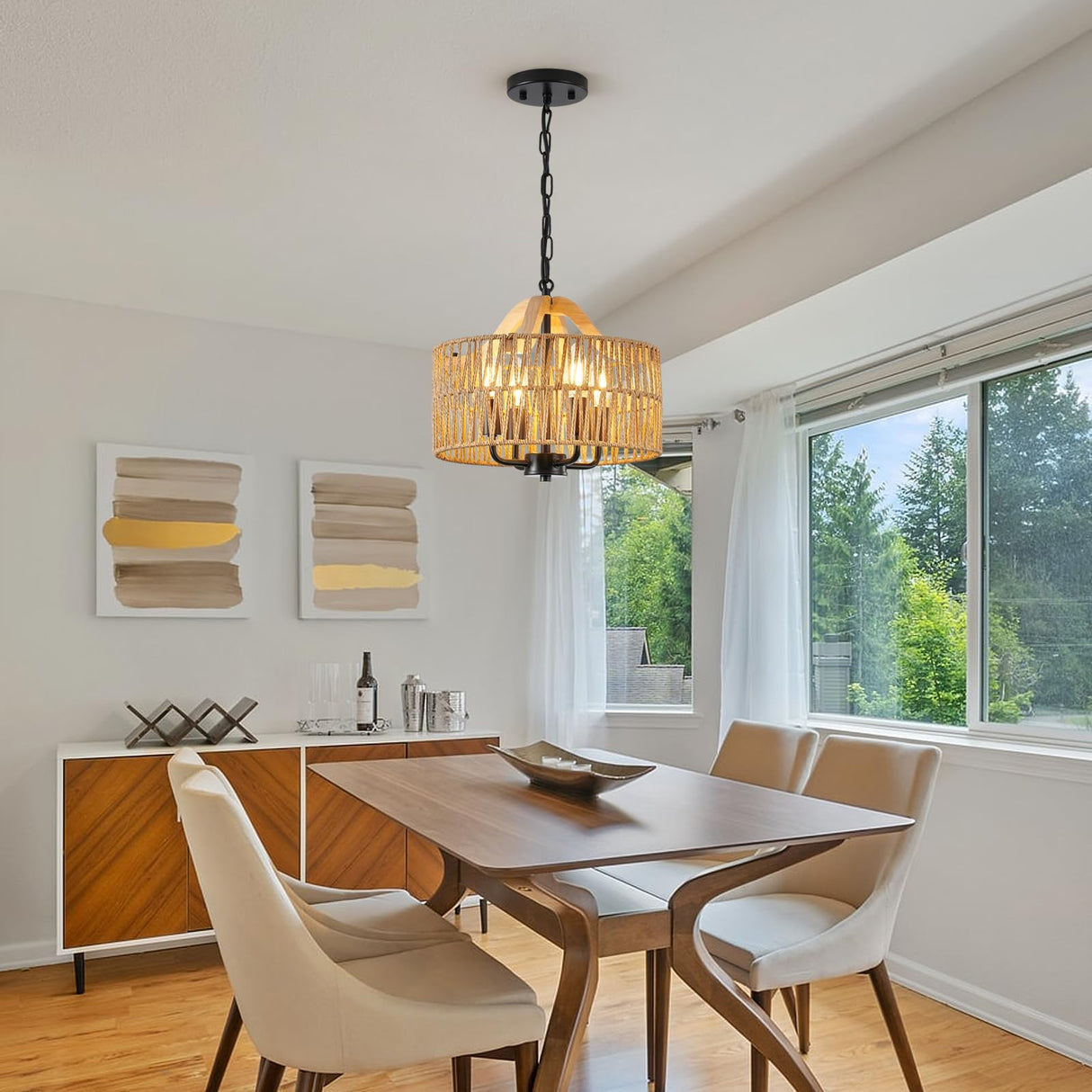 ZSDHXi Rattan Pendant Light Fixtures, 4-Light Boho Chandelier with Woven Drum Shade, Farmhouse Dining Room Ceiling Hanging Lamp, Small Wicker Coastal Pendant Lighting for Kitchen Island Hallway ZSDHXi