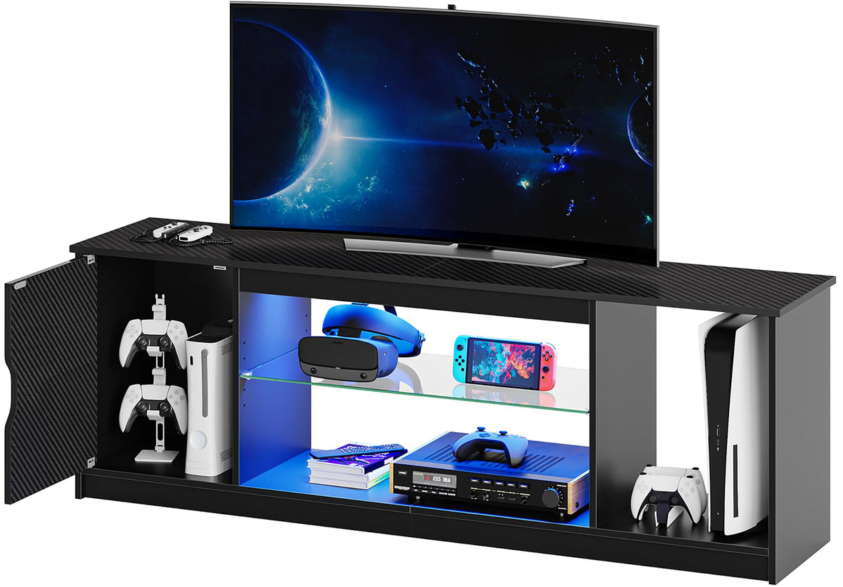 Bestier Led Entertainment Center for PS5, Gaming TV Stand with Cabinet for 60/65 Inch TV, Modern TV Console with Adjustable Glass Shelf for Living Room Easy Assembly Carbon Fiber Black Bestier