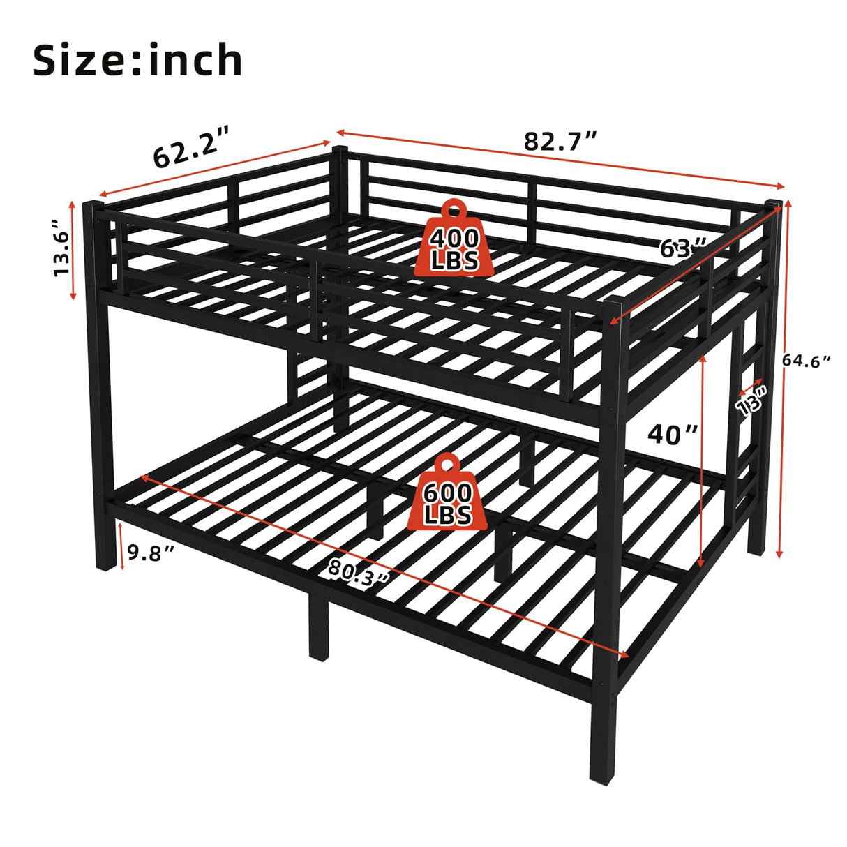 XUWANSHANG Queen Over Queen Bunk Bed Frame, Heavy Duty Metal Loft Bed for Adults/Teens, 400/600LB Capacity w/Ladder & Guardrail, Noise-Free Steel Slats, No Box Spring Required, Black XUWANSHANG