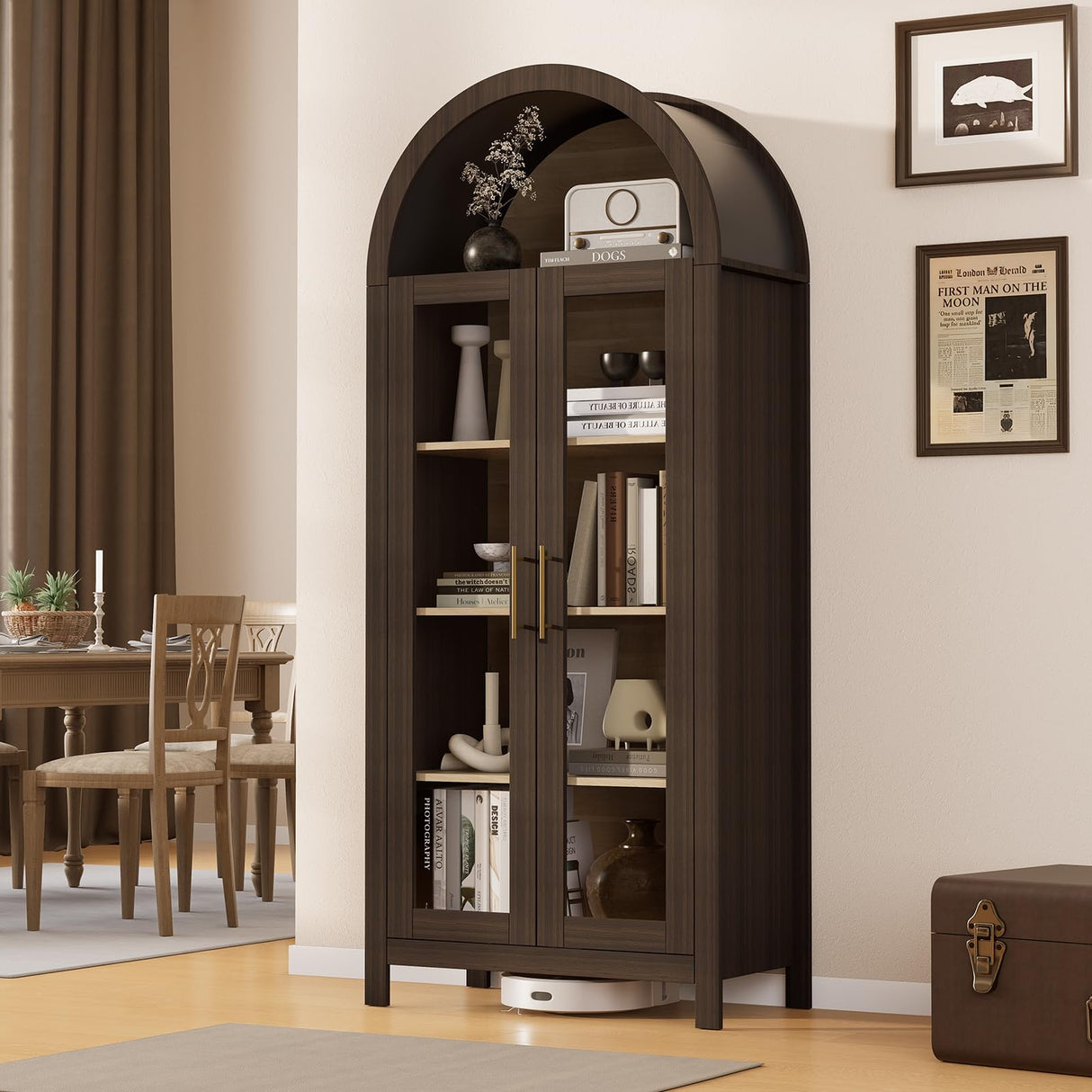 Skyrain 73'' Tall Arched Cabinet, Wood Kitchen Pantry Cabinets with Glass Doors, 5-Tier Storage Hutch with Adjustable Shelves & Metal Handles, Modern Bookcase for Dinning Room, Living Room, Brown Skyrain