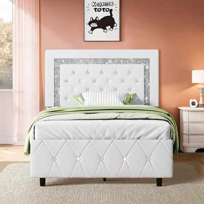 HOMBCK Twin Bed Frame with Diamond Headboard, Faux Leather Upholstered Platform Bed, Mattress Foundation, No Box Spring Needed, Easy Assembly, Pearlized White