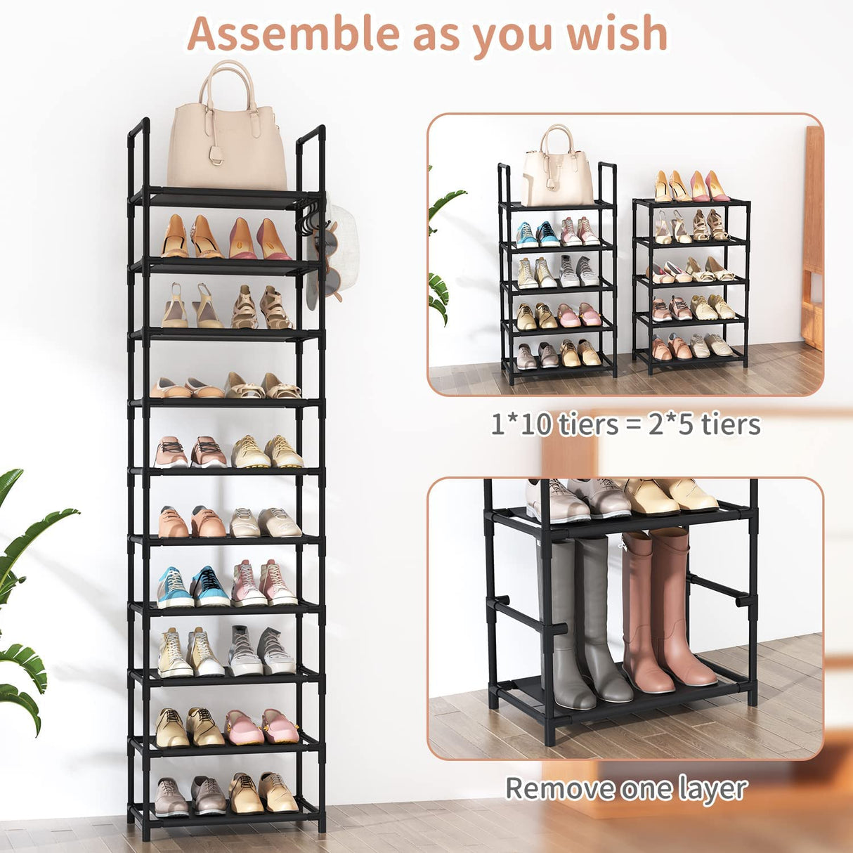 LANTEFUL 10 Tiers Tall Shoe Rack 20-25 Pairs Boots Organizer Storage Sturdy Narrow Shoe Shelf for Entryway, Closets with Hooks, Black LANTEFUL