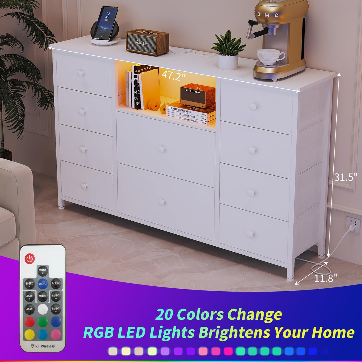 LDTTCUK Dresser with Charging Station and LED Lights, Long Dresser for Bedroom Dresser TV Stand with 10 Drawers, Fabric Chest of Drawers with PU Finish, Wide Dresser Storage Organizer, White LDTTCUK