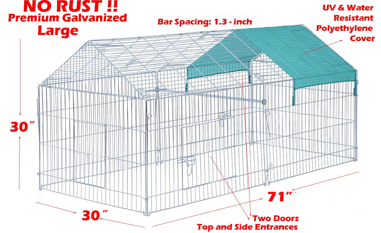 71" x 30" NO Rust Galvanized Steel Foldable Outdoor Chicken Coop Run Metal Pet Hutch Enclosure Small Animal Playpen Waterproof Cover for Rabbits Chickens Mcage