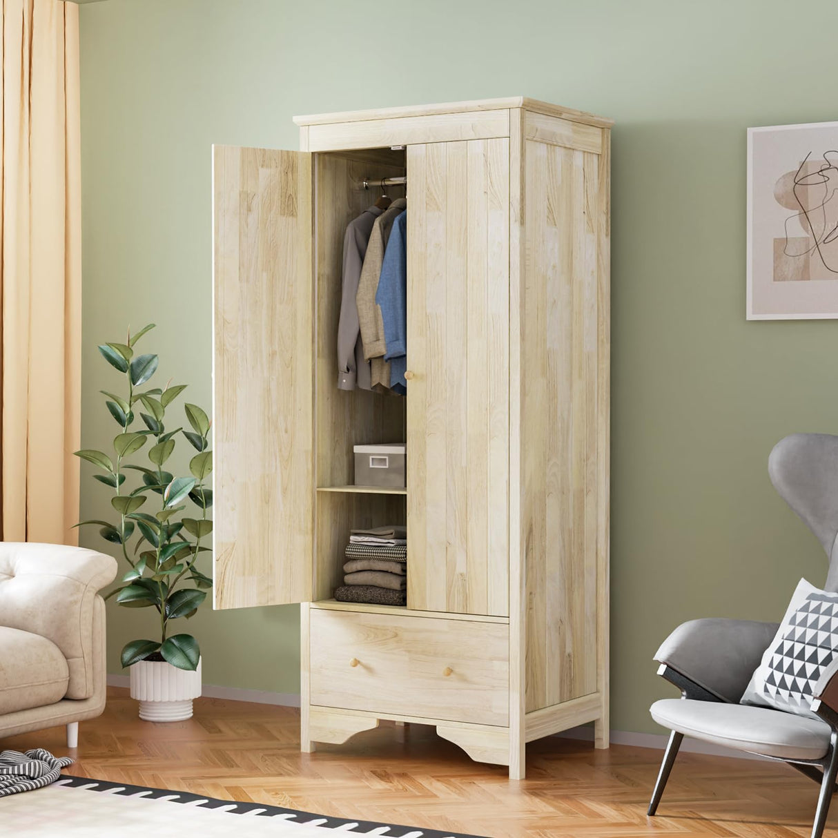 VINGLI Solid Wood Wardrobe Closet, Unfinished Wood Armoire Color DIY, Natural Rubber Wood Wardrobe Closet with Doors and Drawers, Real Wood Wardrobe Closet for Hanging Clothes, Wooden Wardrobe Cabinet VINGLI