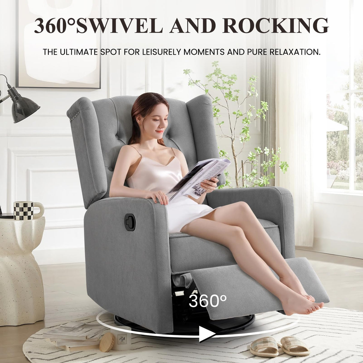 360 Swivel Rocker Recliner Chair for Adults, Nursery Chair for Small Spaces Living Room, Upholstered Fabric Glider Recliner, Pigeon Grey RESTREAL