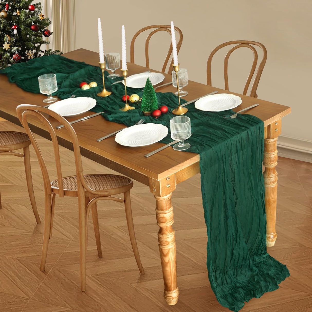 Christmas Table Runner, 10FT Cheesecloth Emerald Green Table Runners 35*120inch Rustic Boho Table Runner for Christmas Indoor Home Kitchen Table Party Decorations Miucat
