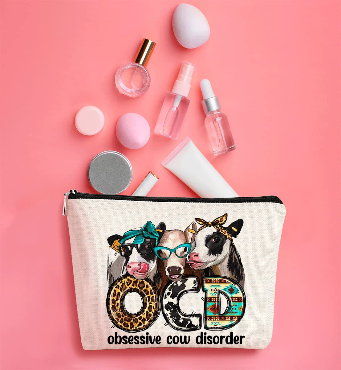 BARPERY Western Makeup Bag OCD Obsessive Cow Disorder Funny Cows Print Farmhouse Heifers Cosmetic Bag Gifts for Girl Cows Lover, Birthday Gift for Sister Girl Best Friend Daughter Granddaughter BARPERY