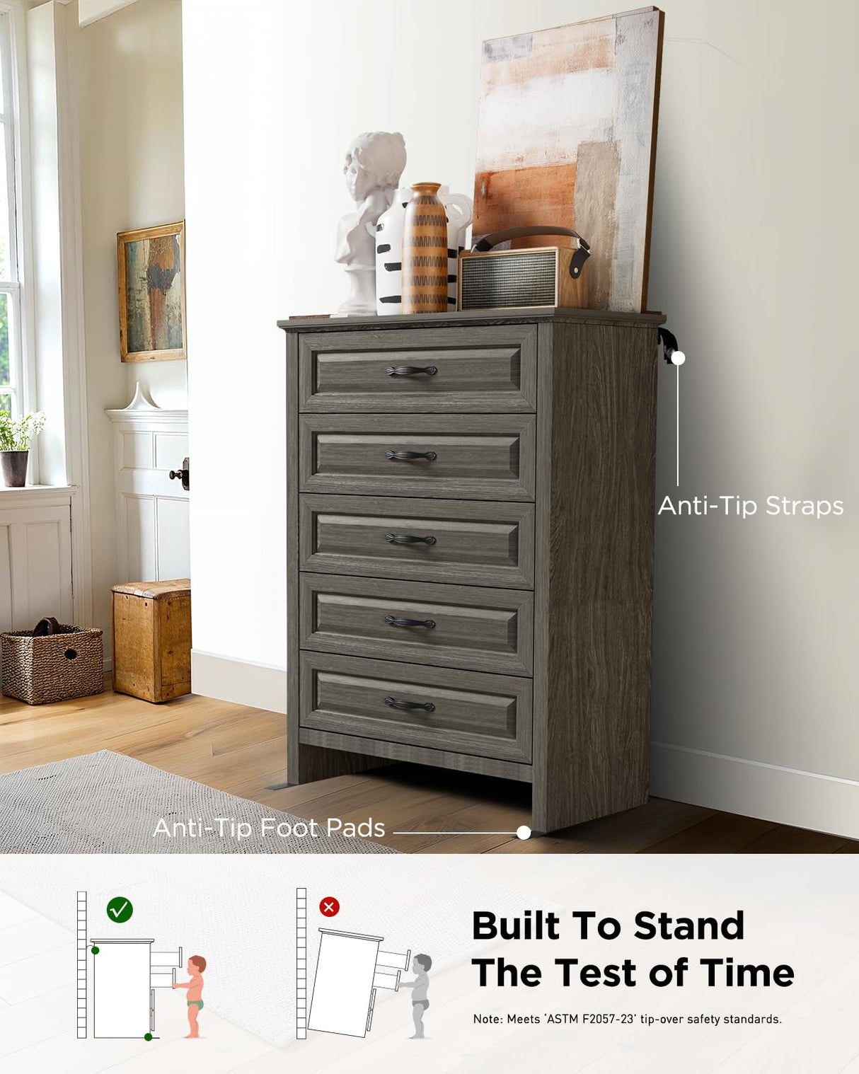 Pipishell Grey 5 Drawers Dresser Chests for Bedroom, 42.7 Inch Tall Wooden Dresser, Farmhouse Storgae Organizer with Large Drawers & Bar Handles for Bedroom, Entryway, Hallway, Grey Pipishell