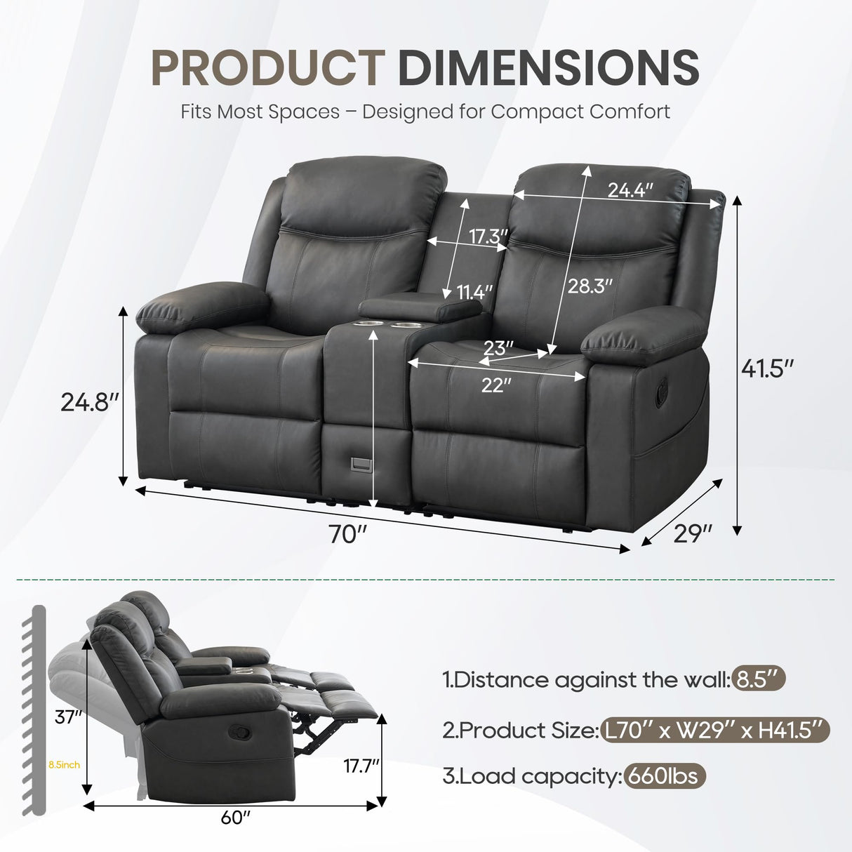 CALIVIA Manual Reclining Loveseat with Massage and Heat, Double Recliner Sofa with Center Console, Cup Holders & Storage for Living Room, RV (Grey) CALIVIA
