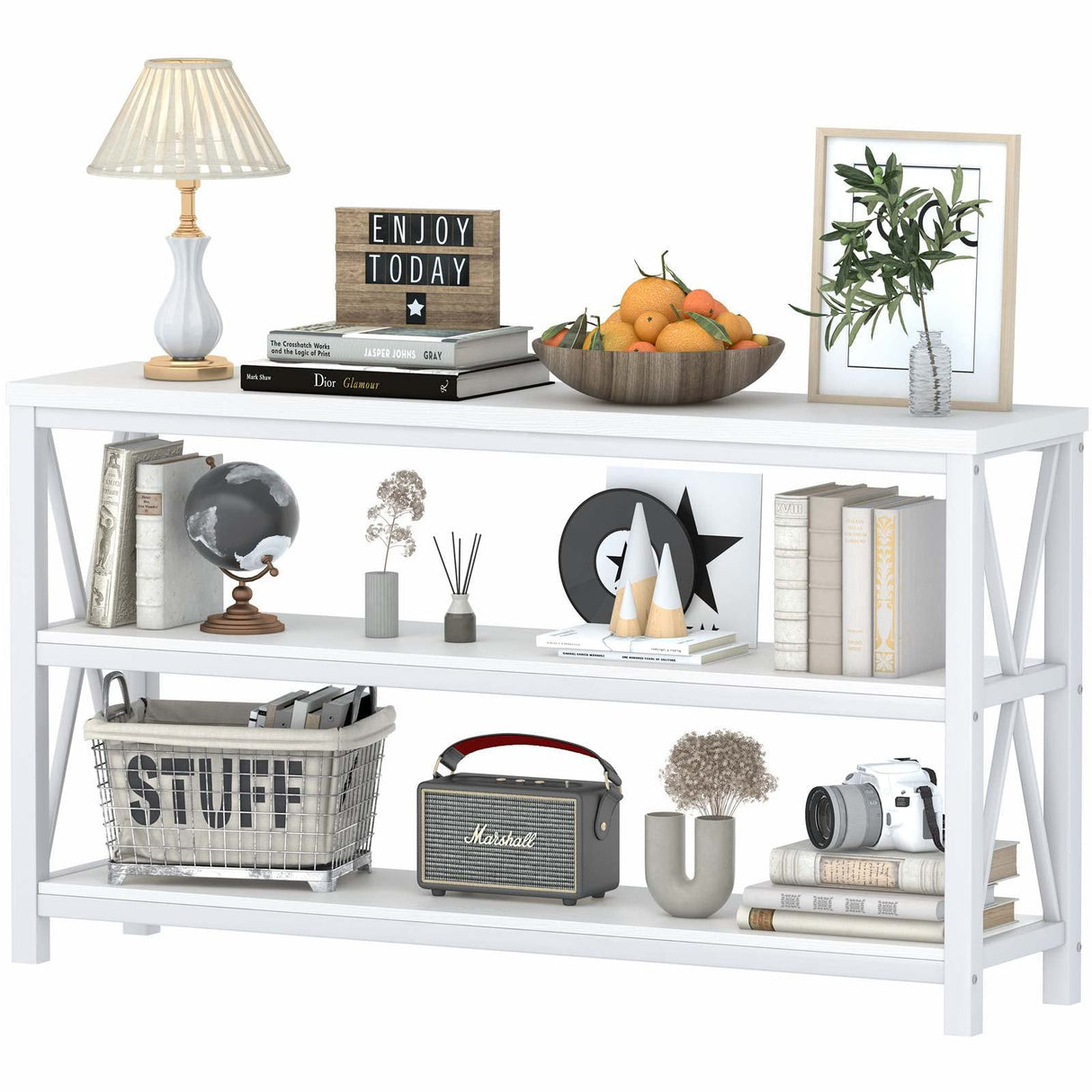 FATORRI Console Table for Entryway, Rustic Long Sofa Table with 3 Tier Shelves, Modern White Hallway Tables for Living Room (55 Inch, White Oak) FATORRI