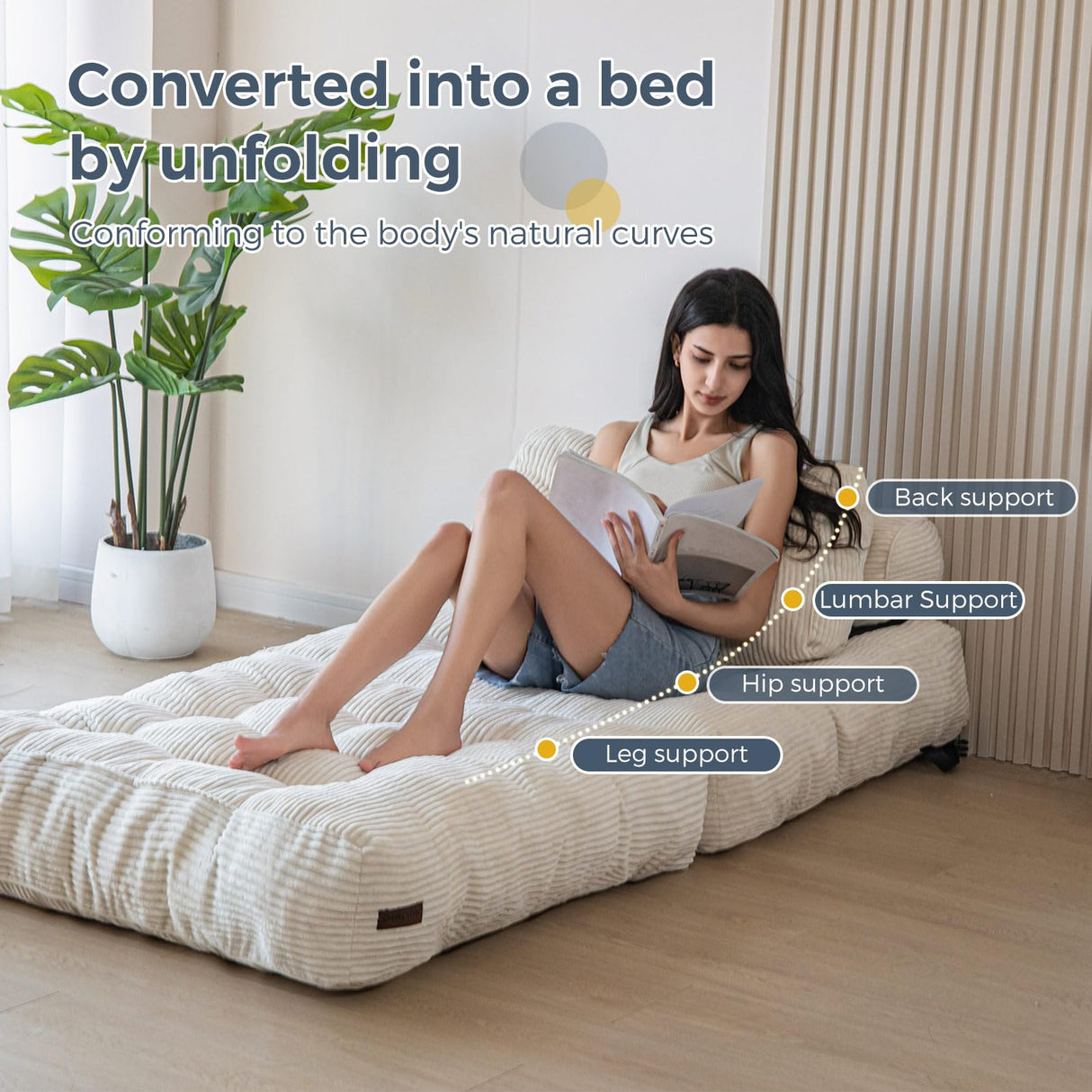 MAXYOYO Folding Sofa Bed, Convertible Sleeper Chair with Pillow Foldable Mattress with Back Support, Portable Fold Out Chair Bed Comfy Floor Sofa Lounge for Living Room Bedroom, Beige, Single MAXYOYO