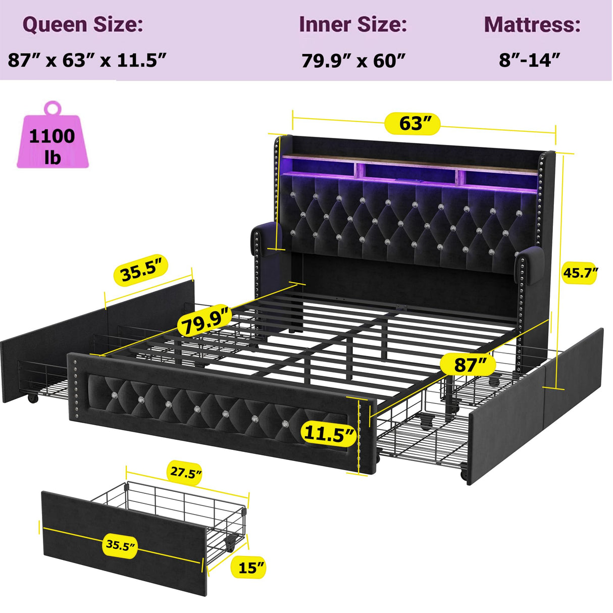 Ailisite Queen Size Bed Frame with 4 Storage Drawers and RGB Led Lights,Velvet Upholstered Queen Platform Bed with Charging Station and Bookcase Storage Headboard, with Crystal and Rivet Deco, Black Ailisite