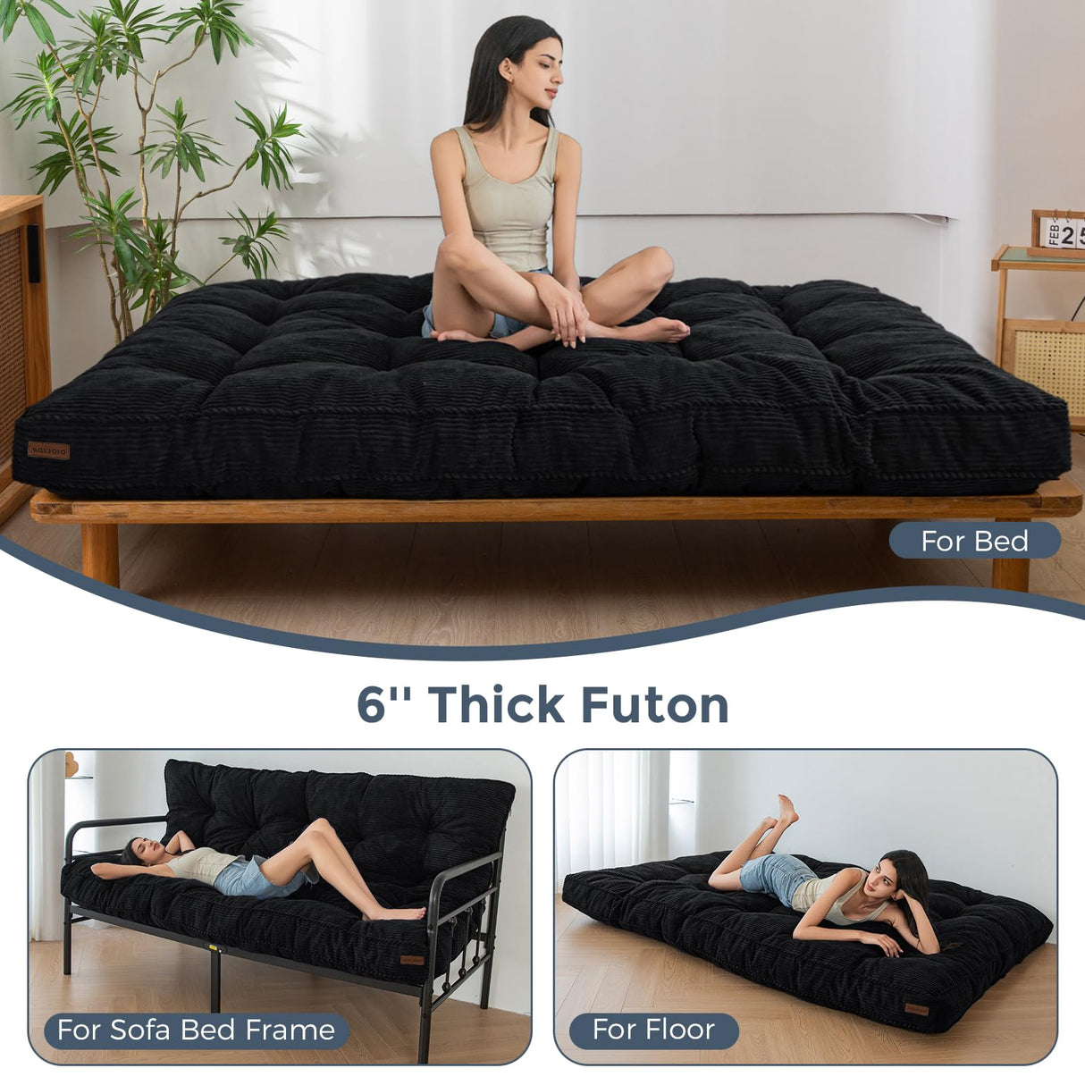 MAXYOYO 6" Futon Mattress Full Size, Tufted Futons Sofa Couch Bed with Twisted Rope Design Edging, Thick Corded Fabric Floor Mattress for Adults, Shredded Foam Filling (Frame Not Included), Black MAXYOYO