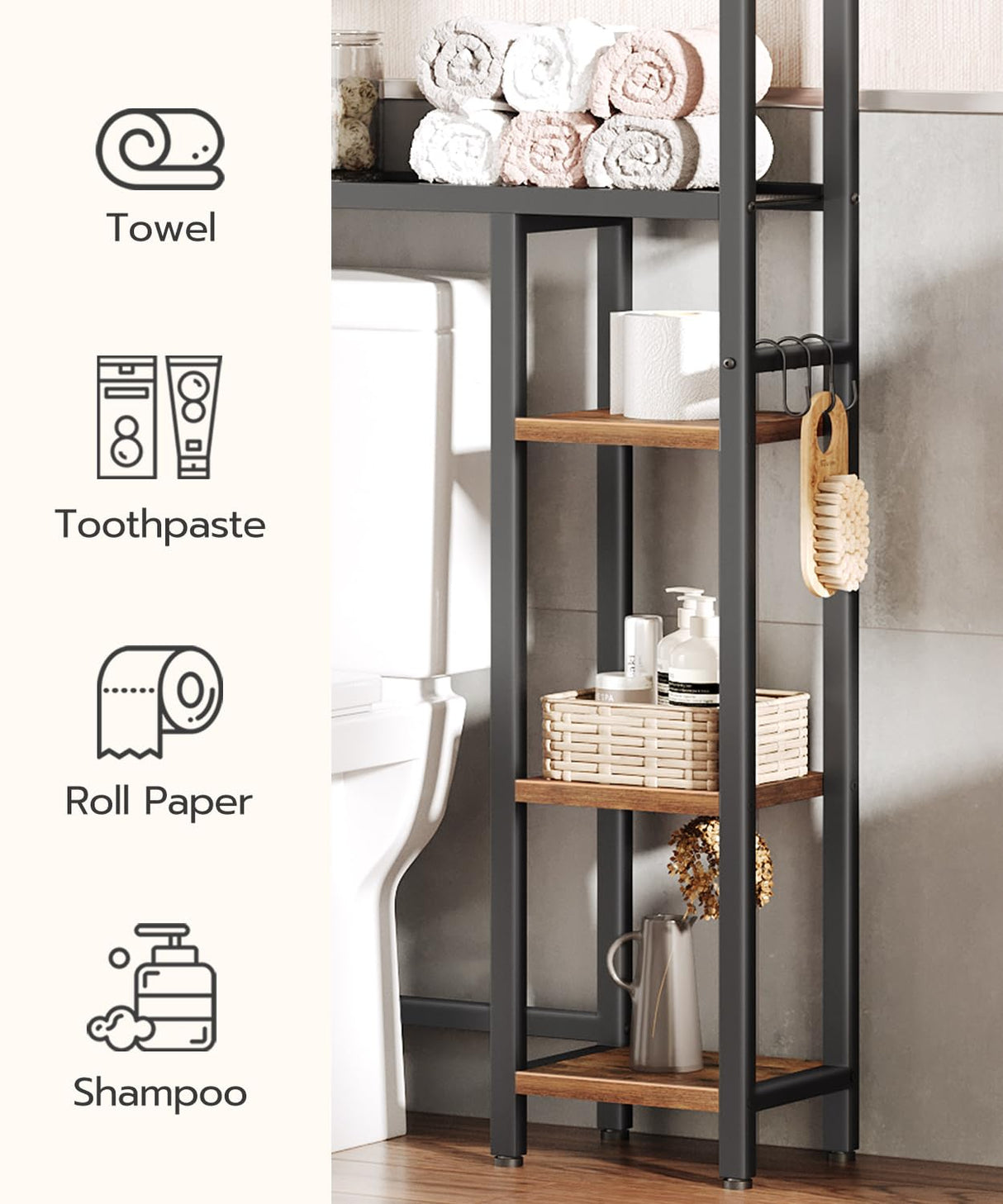 HOOBRO Over The Toilet Storage, 5-Tier Industrial Bathroom Organizer, Bathroom Space Saver with Toilet Paper Holder, Toilet Storage Rack, Small Spaces, Rustic Brown and Black BF84TS01 HOOBRO