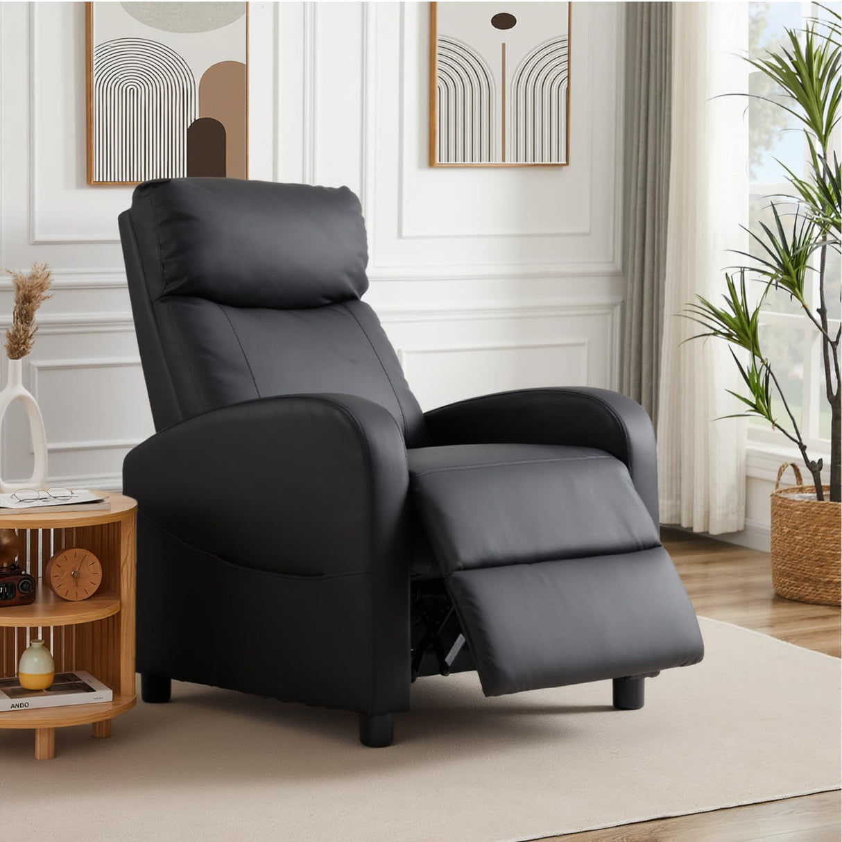 Sweetcrispy Recliner Chair PU Leather Recliner Sofa No Massage, Home Theater Seating with Lumbar Support, Adjustable Push Back Overstuffed High-Density Sponge Reclining for Living Room, Jet Black Sweetcrispy