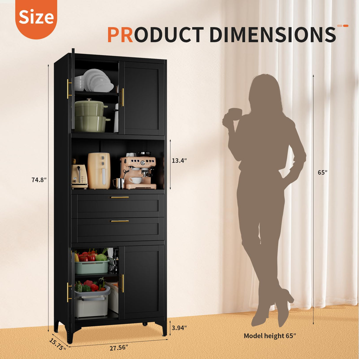 steelftyn 75" Pantry Storage Cabinet, Metal Cupboard with 2 Drawers, Tall Cabinet with 4 Doors and 2 Adjustable Shelves, Kitchen Storage, Cupboard for Dining Room, Living Room, Black steelftyn