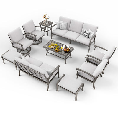HAPPATIO 10 Piece Aluminum Patio Furniture Set, 3-Seat Outdoor Couch and Loveseat, All-Weather Outdoor Sectional Sofa with Swivel Armchairs and Ottomans, Garden Conversation Set(Gray)
