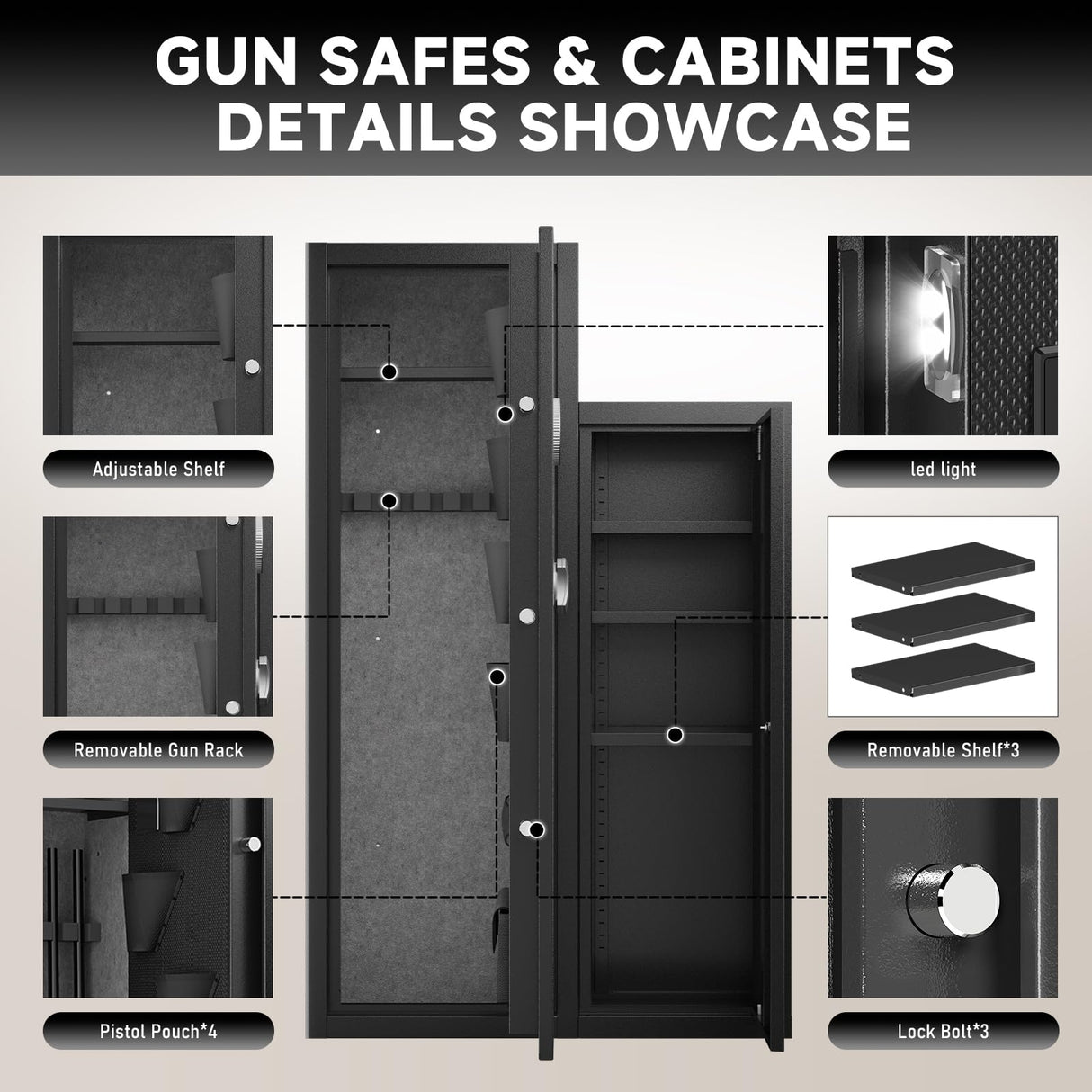 KAER 8-10 Gun Safe, Large Gun Safe for Rifles and Pistols, Quick Access Home Gun Rifle Safe and Storage Gun Locker Cabinet with 4 Pistol Pouches and Removable Shelf for Shotgun, Firearm, Ammo KAER