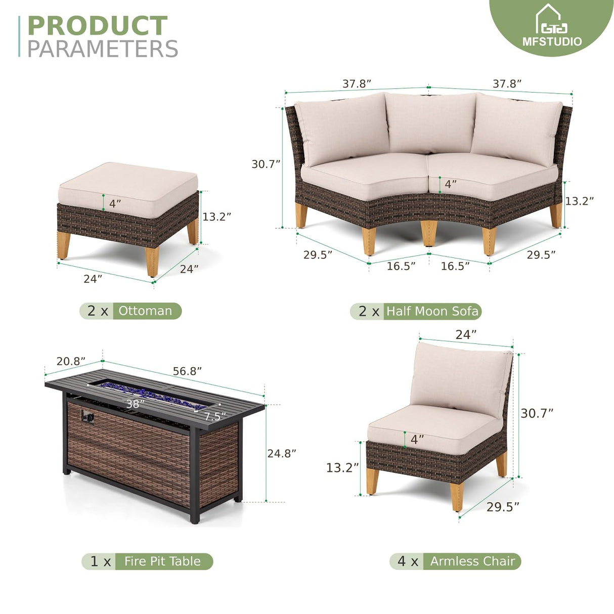 MFSTUDIO 11 Pieces Wicker Patio Furniture Set with 56" Fire Pit Table, All-Weather Rattan Outdoor Half-Moon Patio Sectional Sofa Set, 4 x Curved Sofa, 2 x Armless Sofa, 2 x Ottoman(Beige Cushion) MFSTUDIO